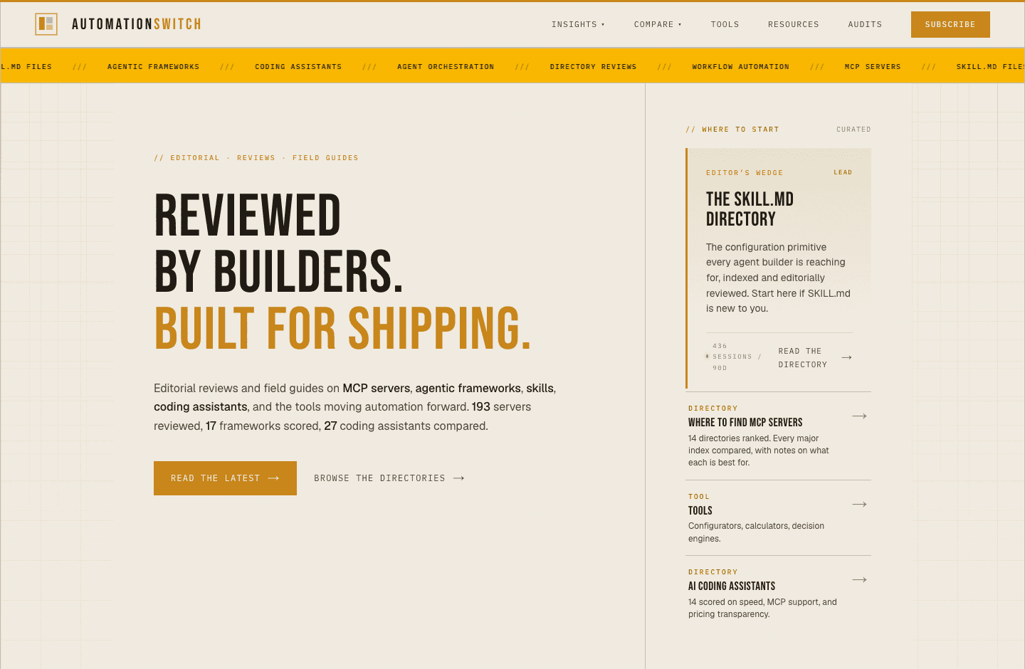 Automation Switch homepage with its publication masthead, editorial introduction and directory navigation.